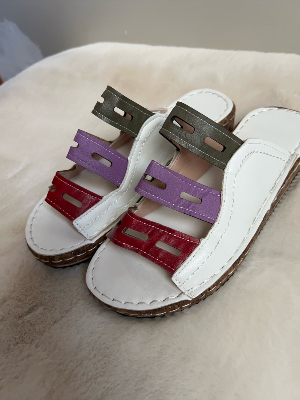 Multicolor Strappy Slide Sandals White Red Purple Brown Boho Summer Size 6.5